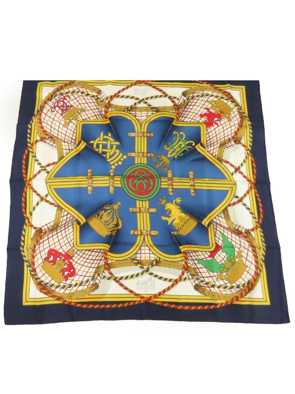 Hermes Carre 90 Navy Yellow Multicolor Silk Grande Tenue Horse Attire Scarf